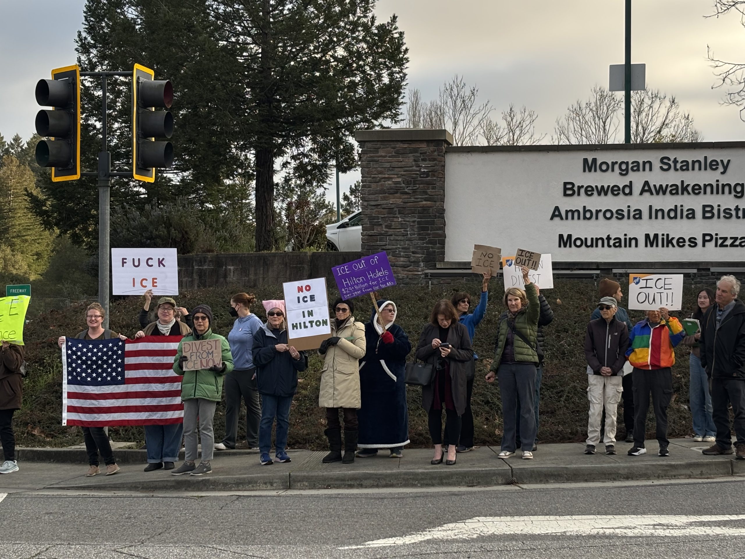 Demonstrators rally against ICE and Hilton Hotels in solidarity with protests in Minneapolis